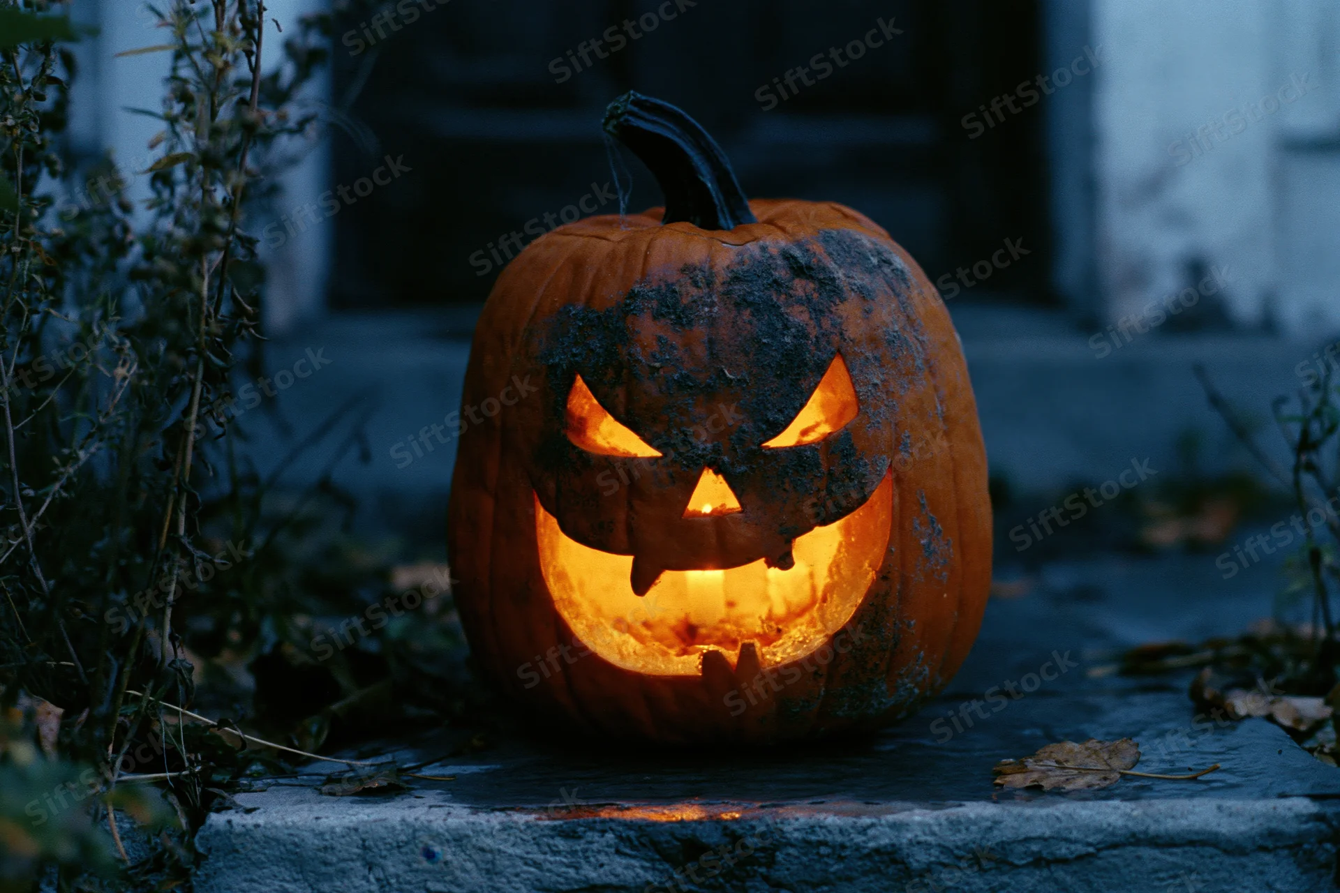 Carved jack-o-lantern with glowing orange face sitting on stone porch step at night
