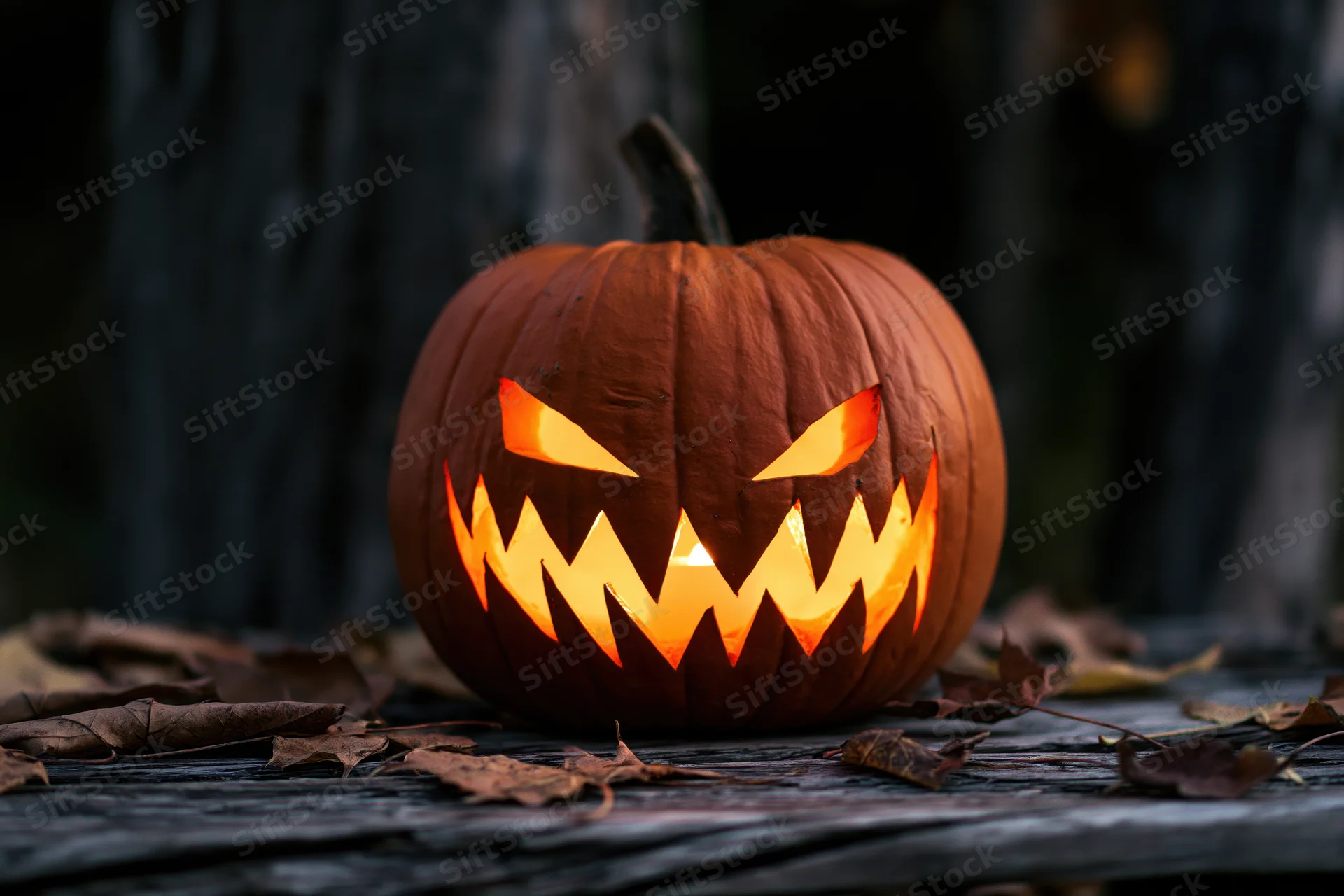 Carved jack-o-lantern with jagged face glowing on wooden table surrounded by fallen leaves at night