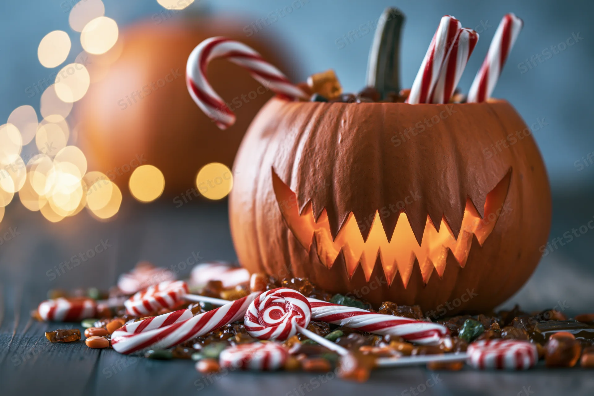 Carved jack-o-lantern with jagged teeth glowing on wooden table surrounded by candy canes and sweets