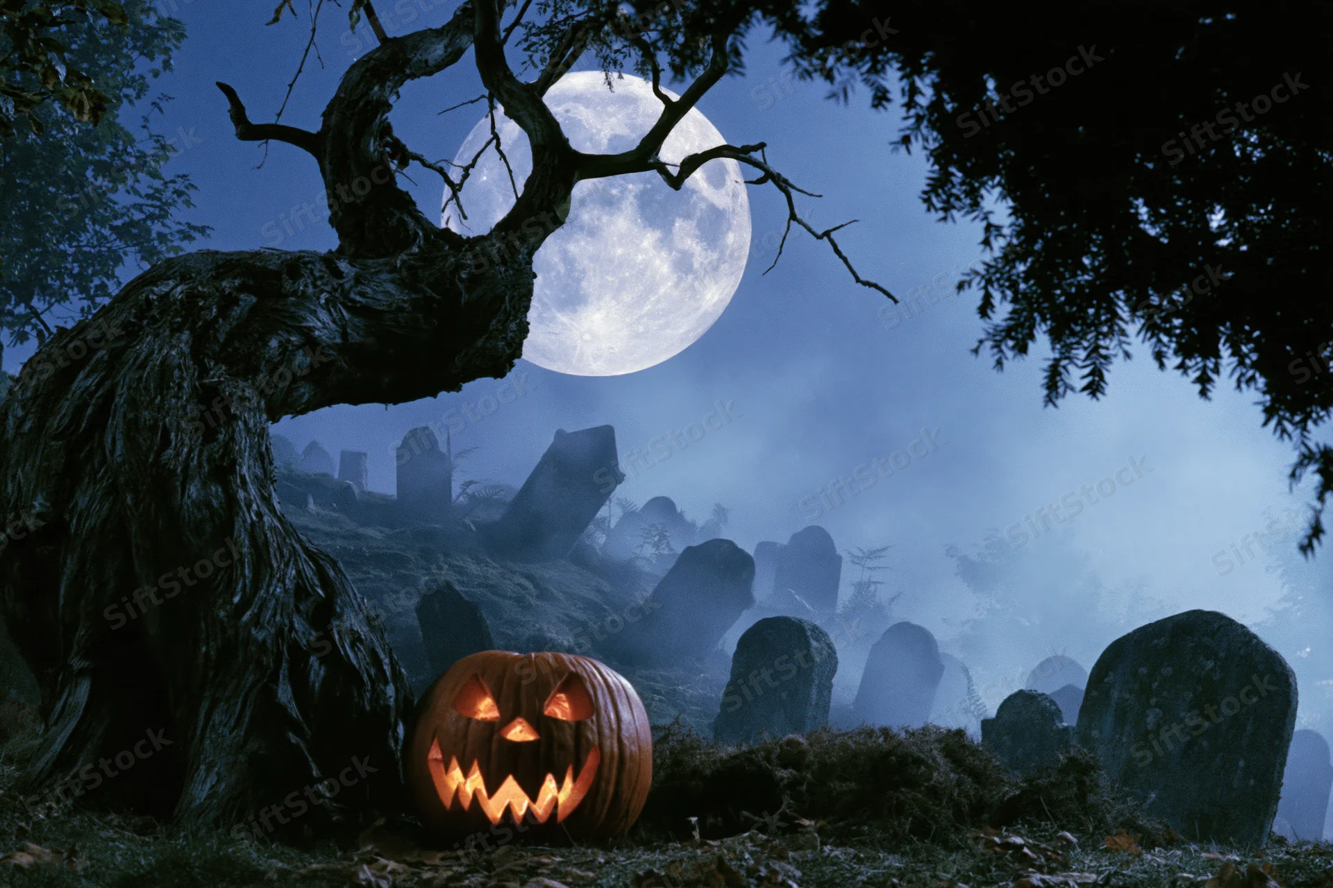 Carved pumpkin glowing in foggy graveyard under full moon at night