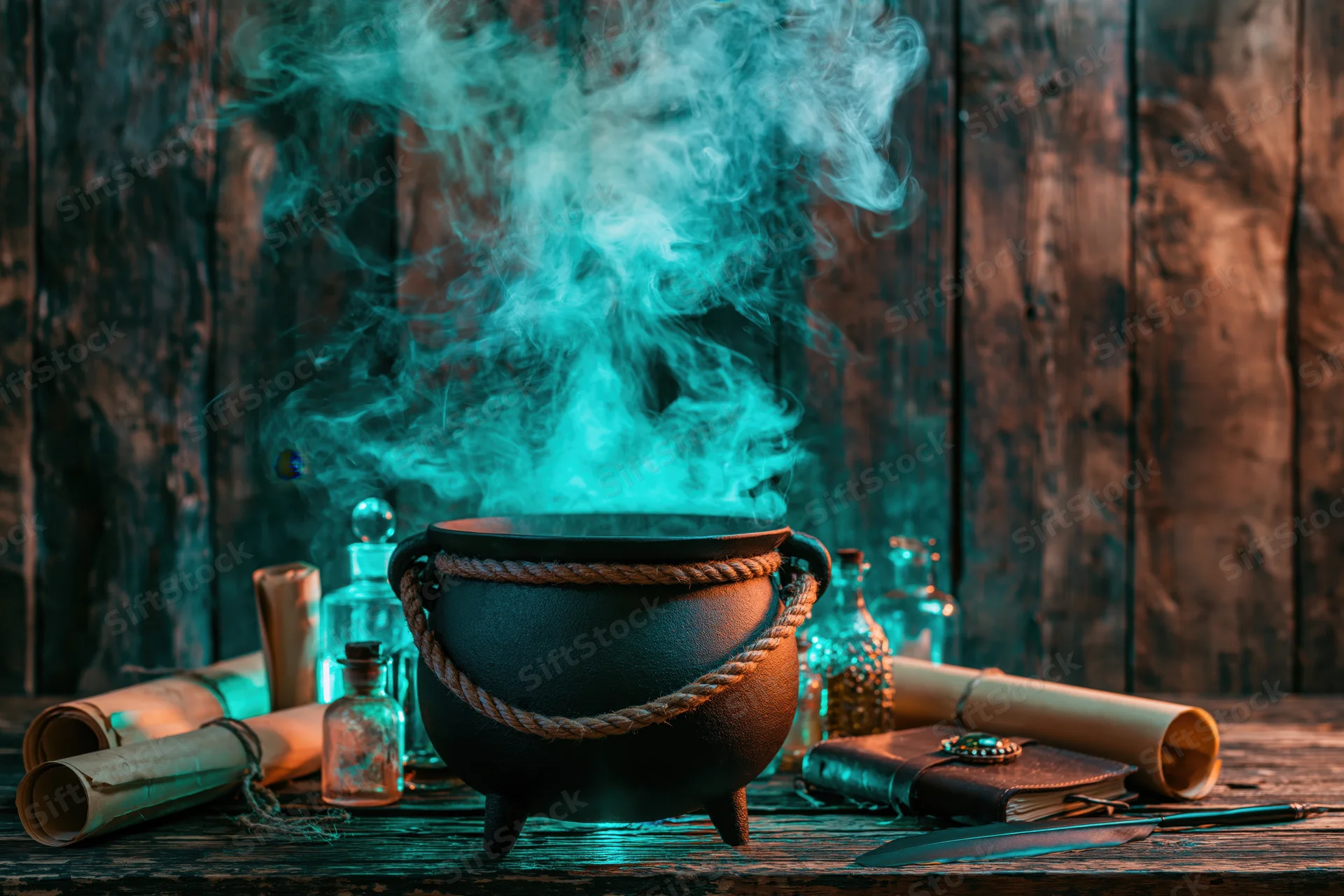 Cast iron cauldron emitting teal smoke on a rustic wooden table surrounded by scrolls, bottles and a grimoire