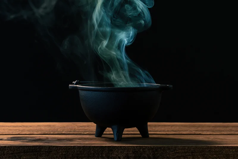 Cast iron cauldron emitting blue smoke on a wooden table against a dark background