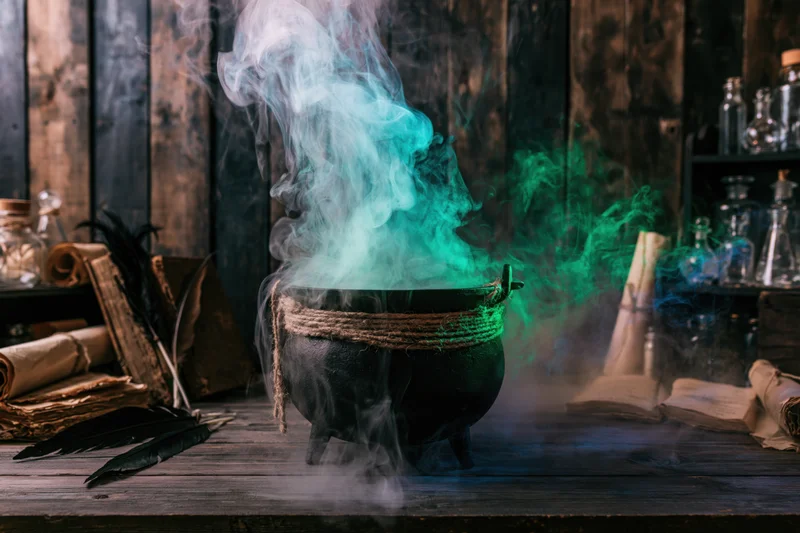 Cast iron cauldron billowing green and blue smoke on a wooden table surrounded by scrolls, feathers, and glass bottles