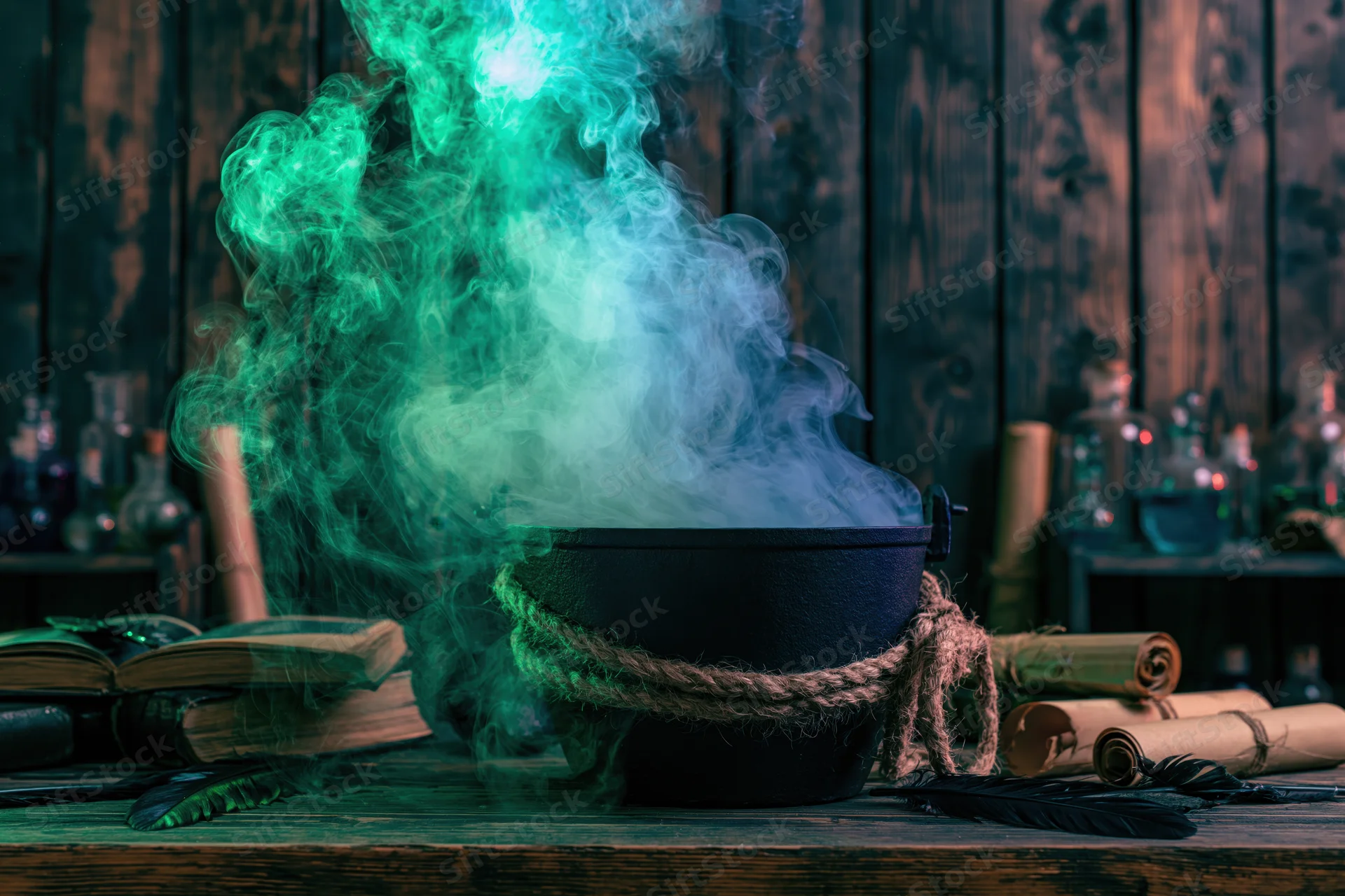 Cast iron cauldron billowing green smoke on wooden table surrounded by scrolls and bottles