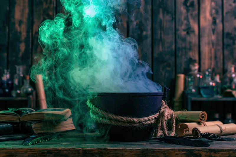 Cast iron cauldron billowing green smoke on wooden table surrounded by scrolls and bottles