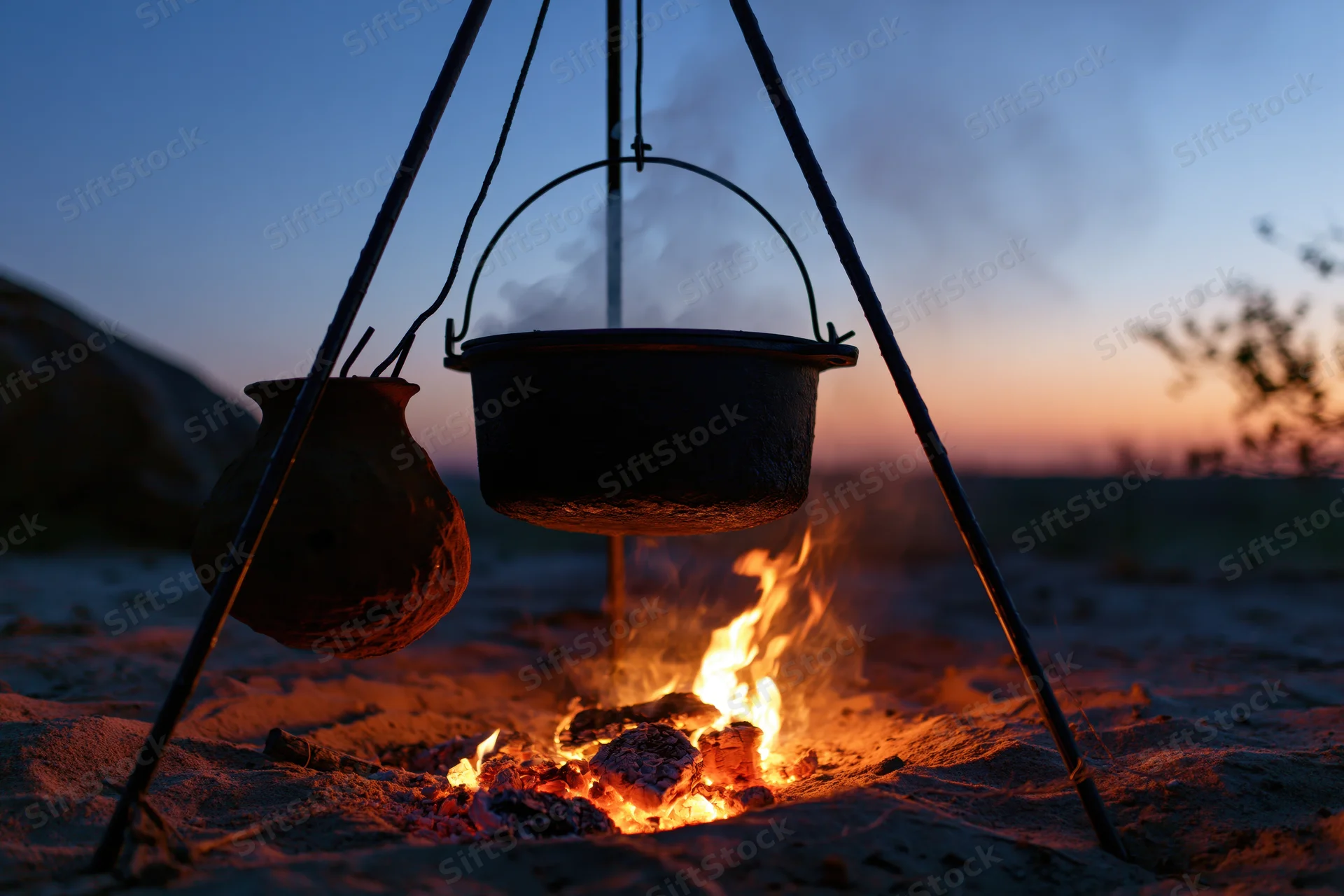 Cast iron pot and clay vessel hanging over a campfire in the desert at dusk