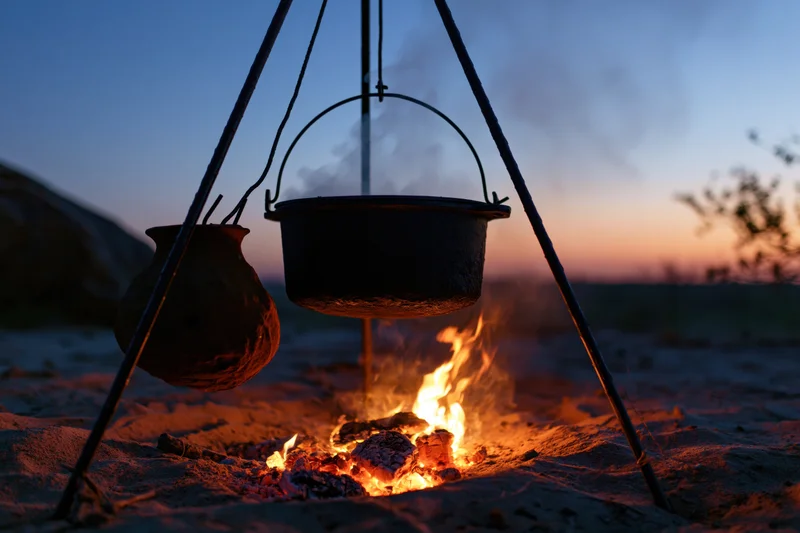 Cast iron pot and clay vessel hanging over a campfire in the desert at dusk