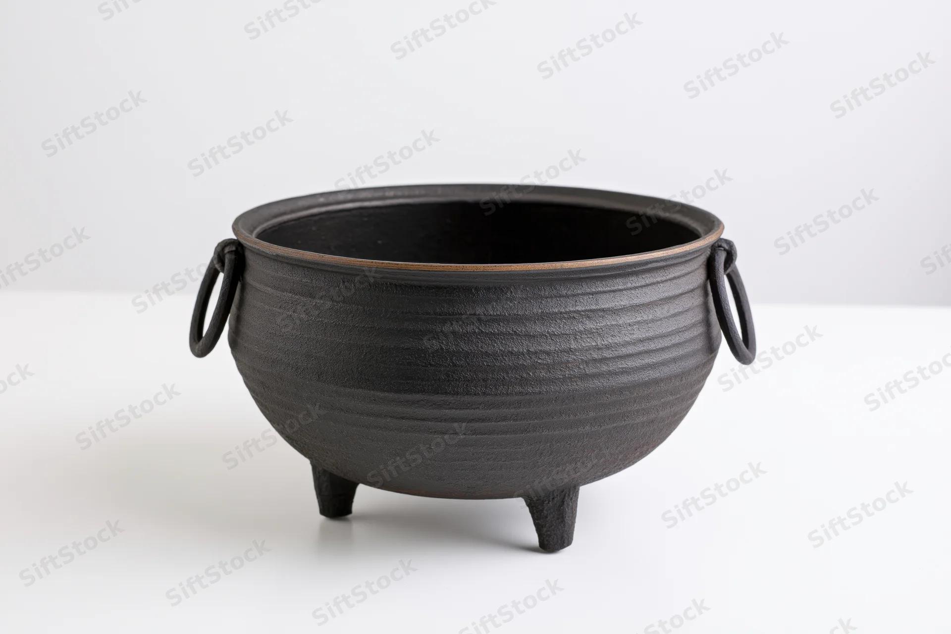 Cast iron potjie pot with three legs and handles on a white surface