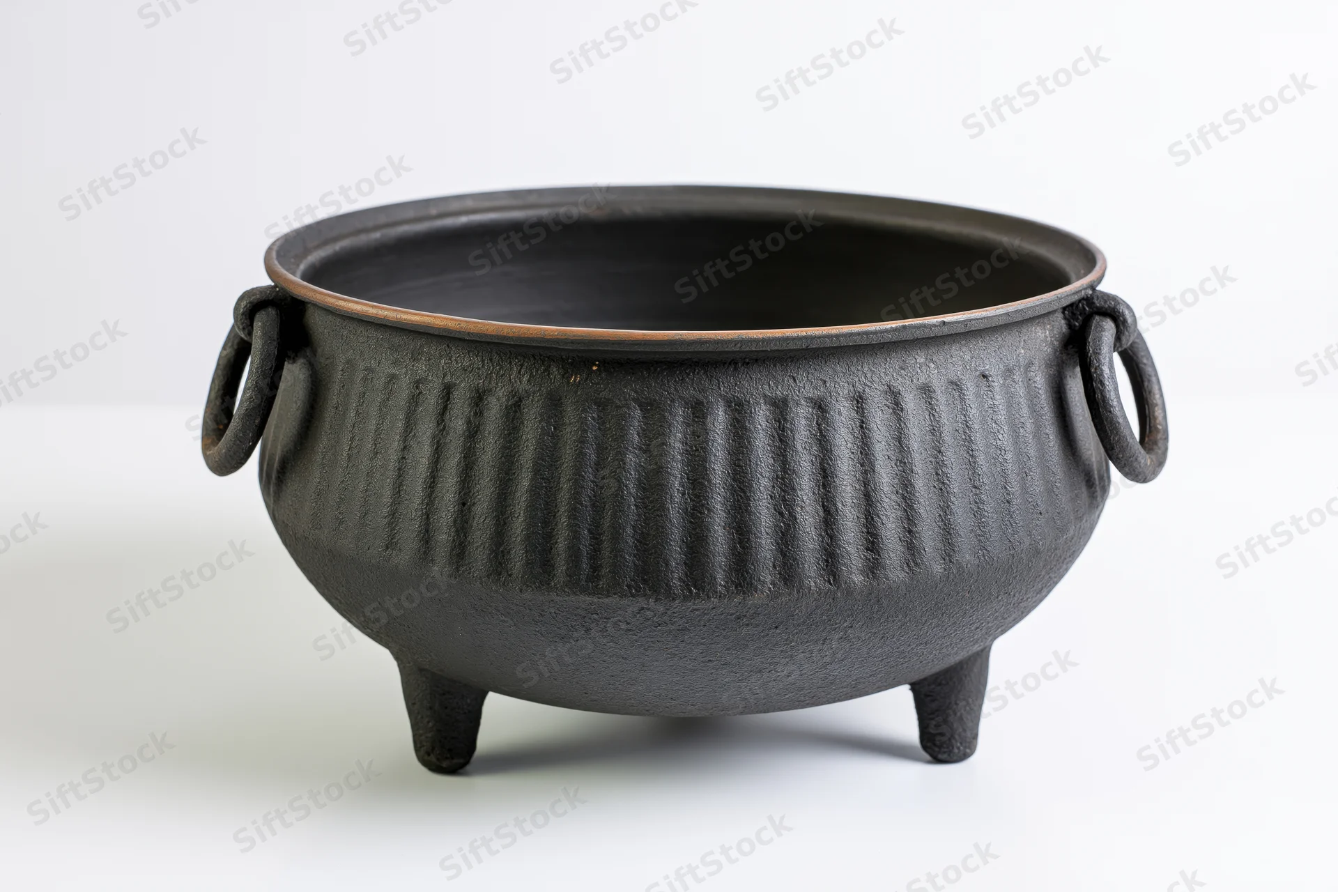 Cast iron potjie pot with three legs and ribbed texture on white surface