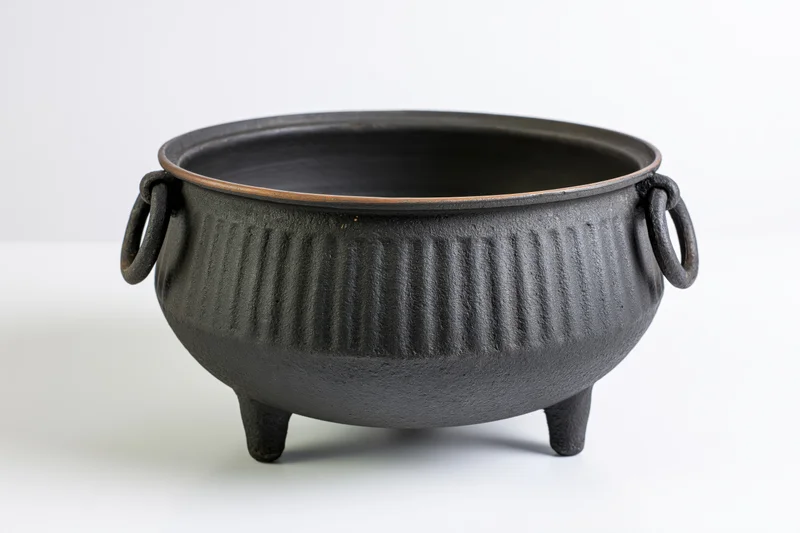Cast iron potjie pot with three legs and ribbed texture on white surface