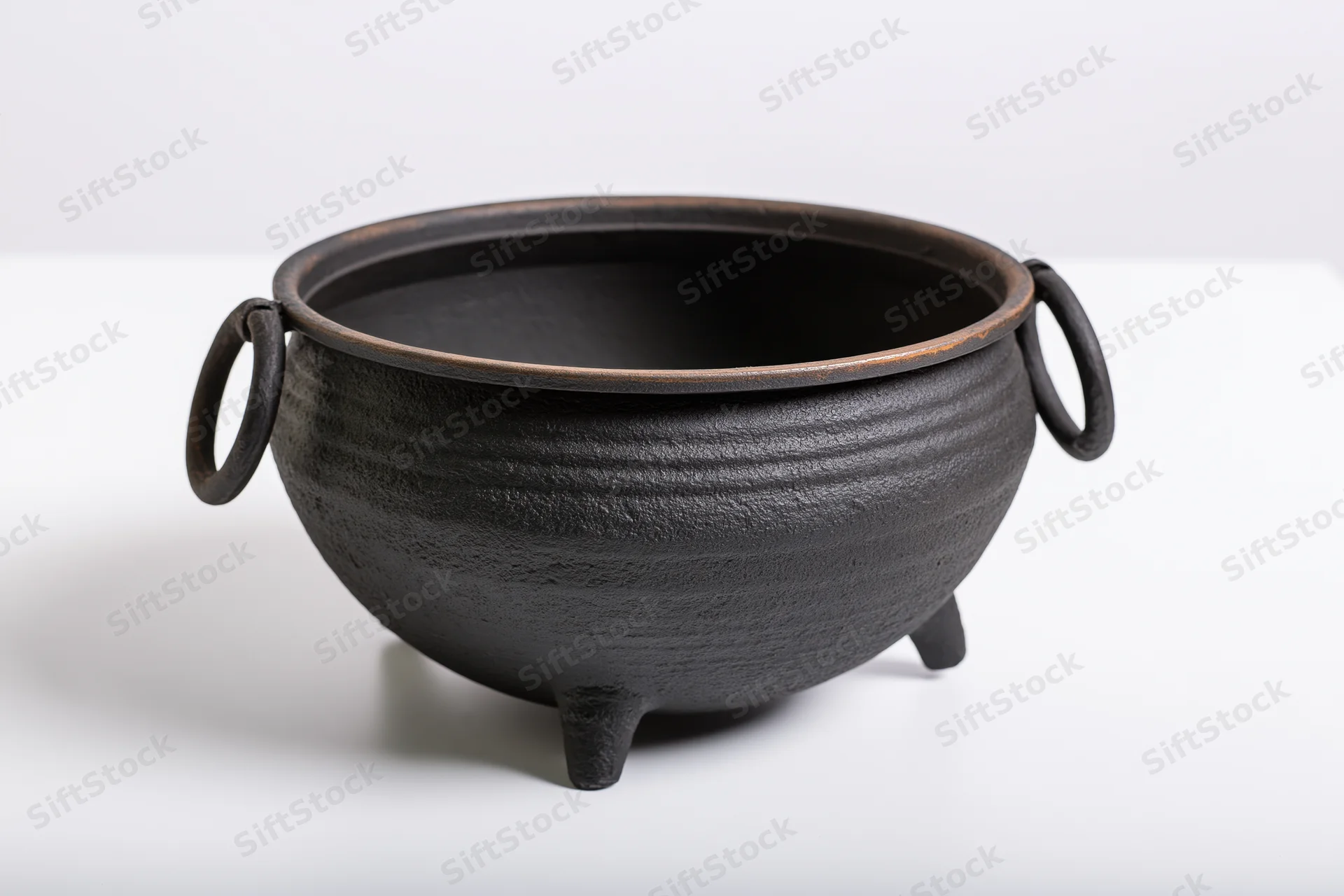 Cast iron potjie pot with three legs and handles on a white surface