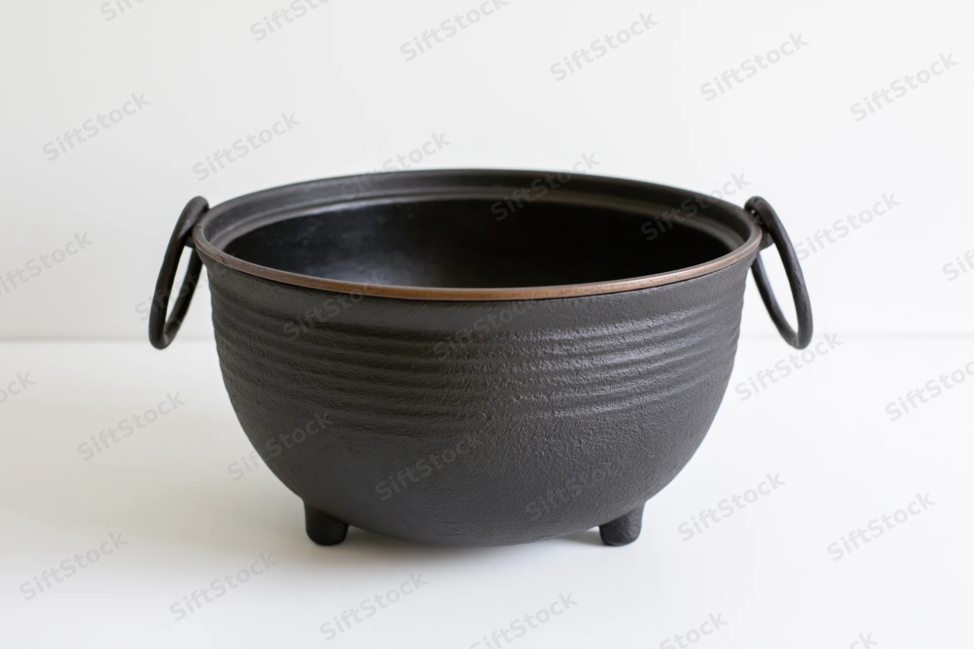 Cast iron potjie pot with three legs and handles on a white surface