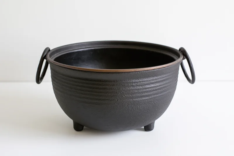 Cast iron potjie pot with three legs and handles on a white surface