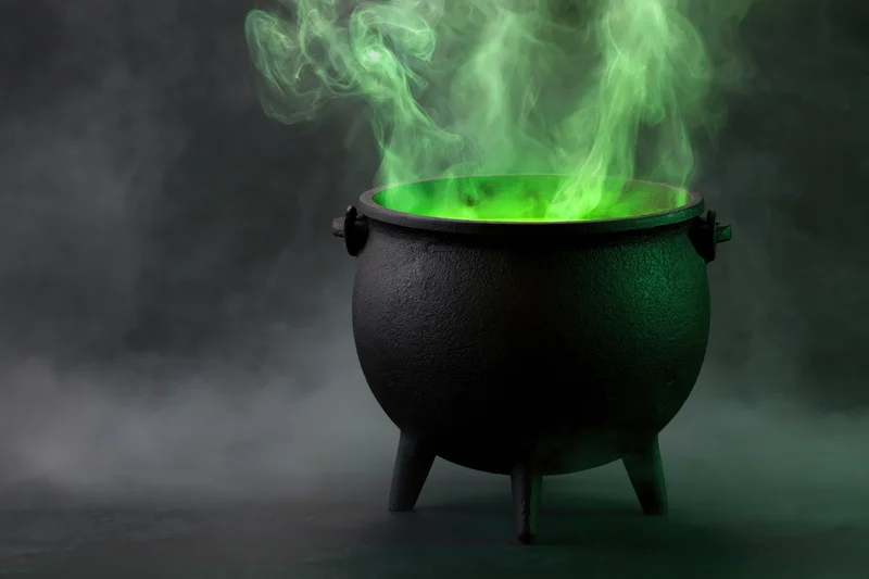 Black cast iron cauldron with glowing green liquid and rising smoke on dark background