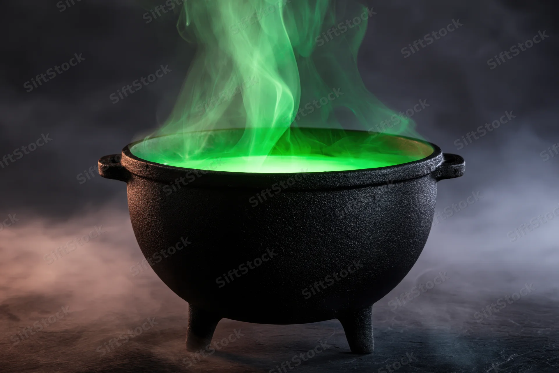 Black cast iron cauldron with glowing green liquid and rising smoke on dark surface