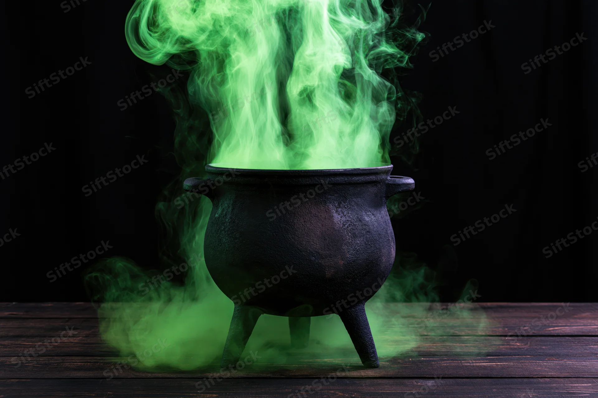 Cast iron witch's cauldron emitting green smoke on dark wooden table