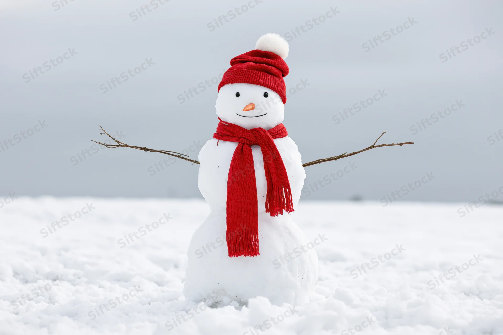 Cheerful snowman with red hat and scarf standing in snowy field