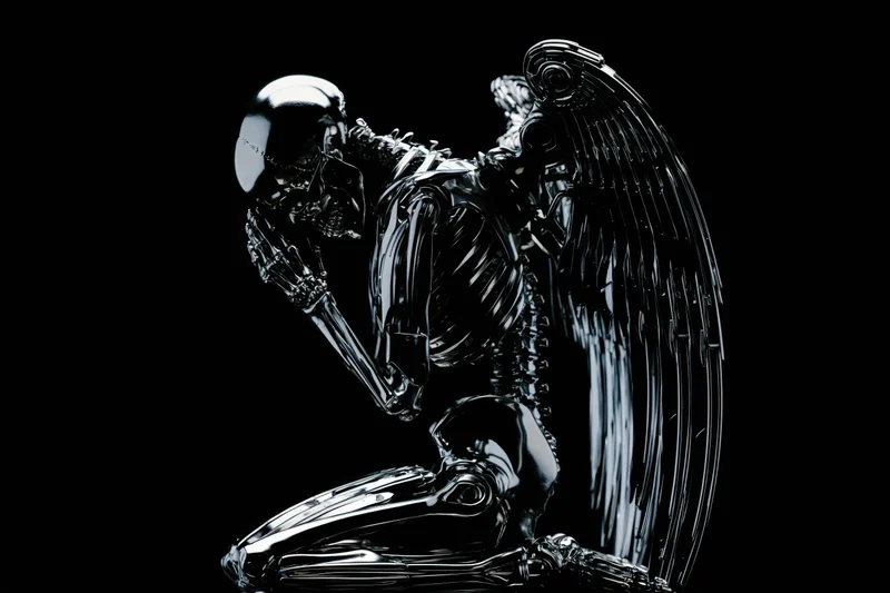 Chrome metallic skeleton with mechanical wings kneeling in prayer pose against black background