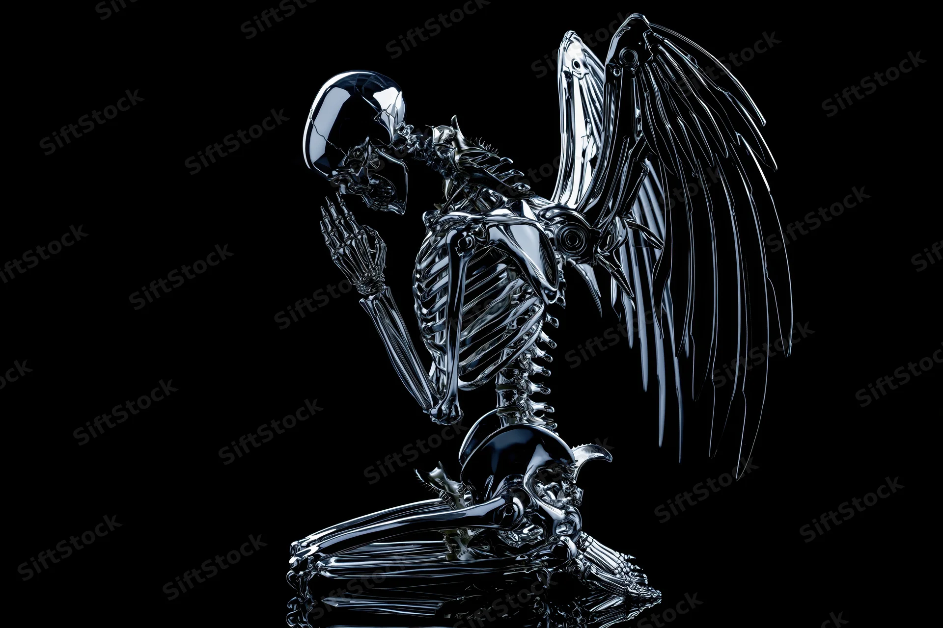 Chrome metallic skeleton with mechanical wings kneeling on a black background