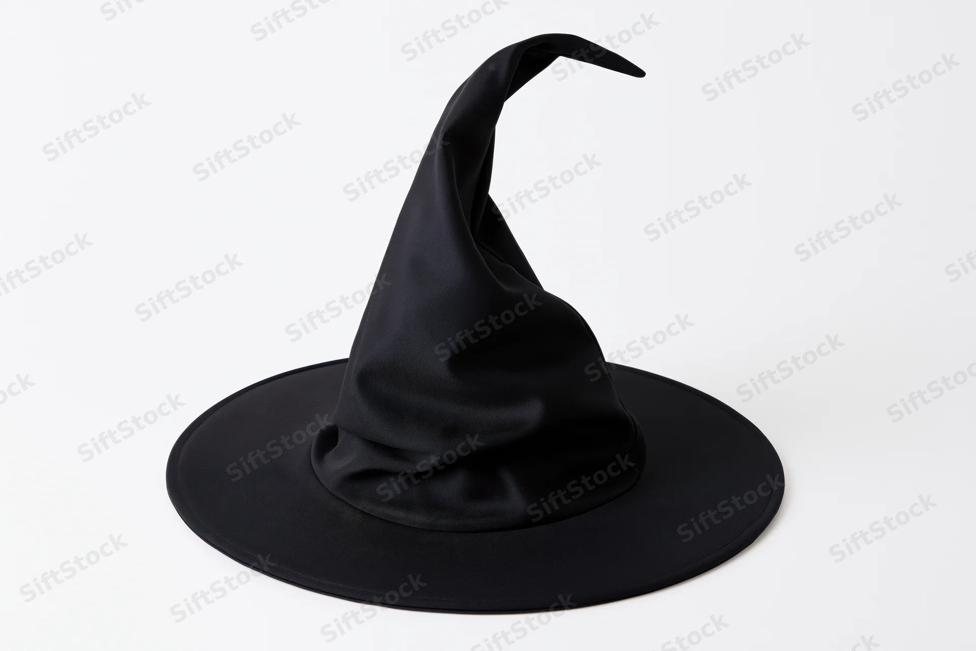 Black witch hat with tall curved pointed crown and wide brim on white background