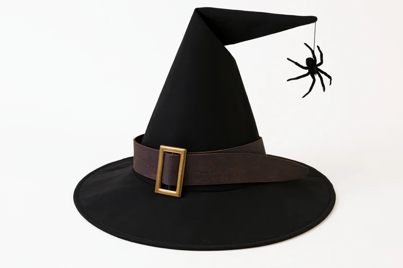 Black witch hat with wide brim and gold buckle, spider hanging from tip, on white background