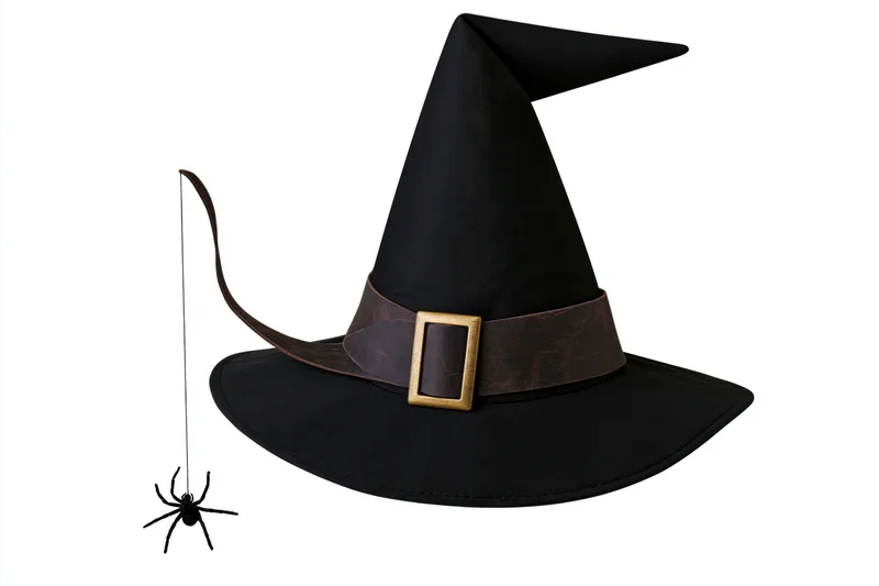 Black witch hat with pointed crown and wide brim, adorned with brown leather band and gold buckle, spider dangling from string on white background
