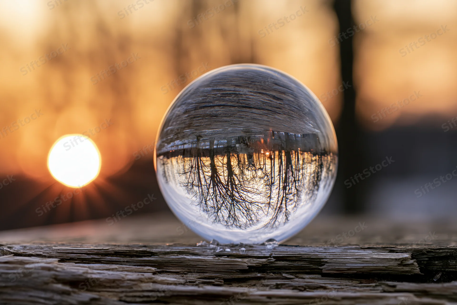 Crystal ball resting on weathered wood reflects winter forest at sunset