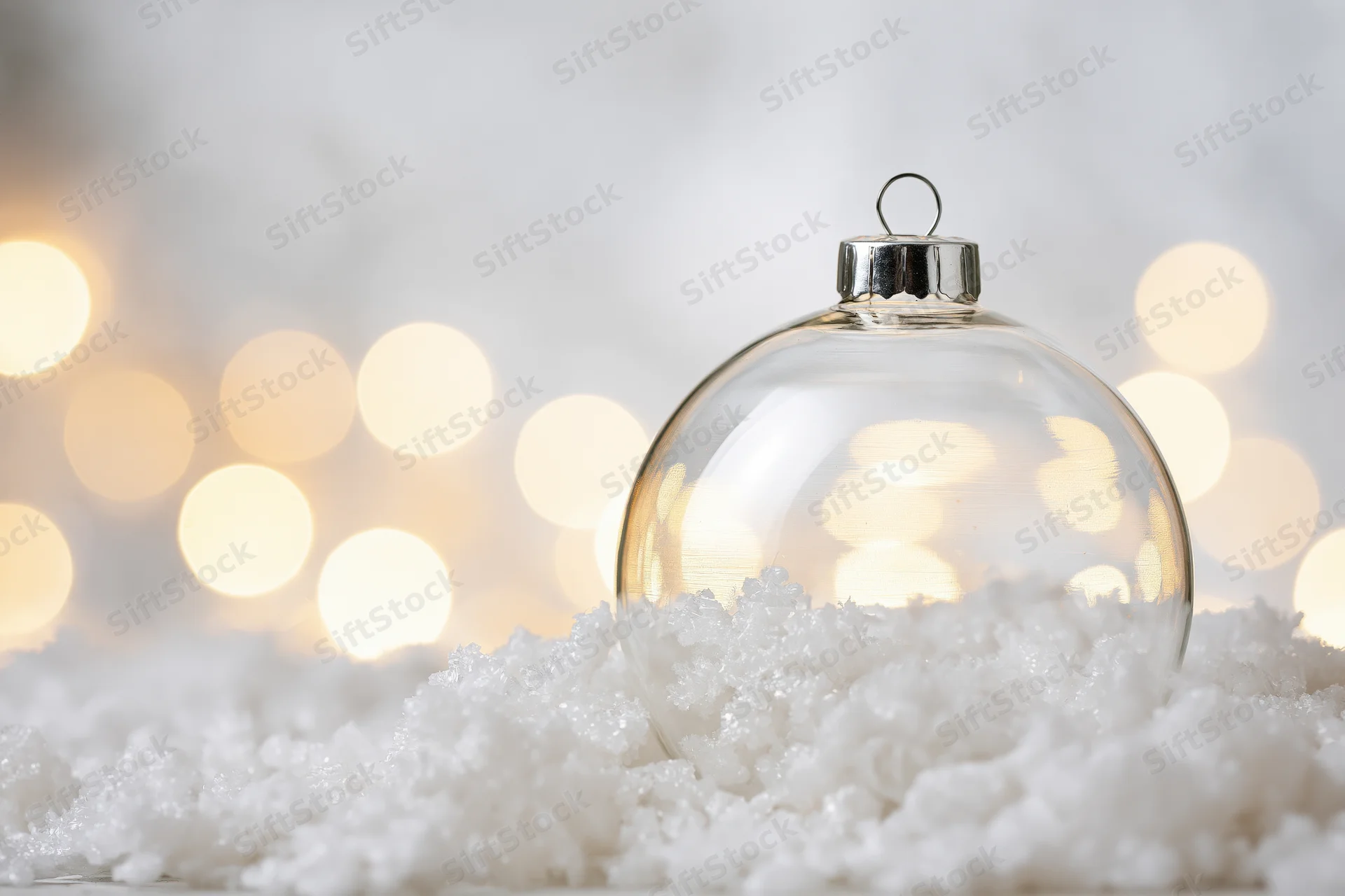 Clear glass christmas ornament resting in artificial snow with blurred warm lights behind