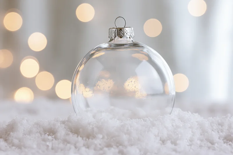 Clear glass christmas ornament resting on snow with blurred lights behind