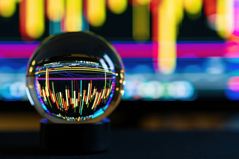 Crystal ball reflecting inverted financial chart on dark surface with colorful blurred lights behind