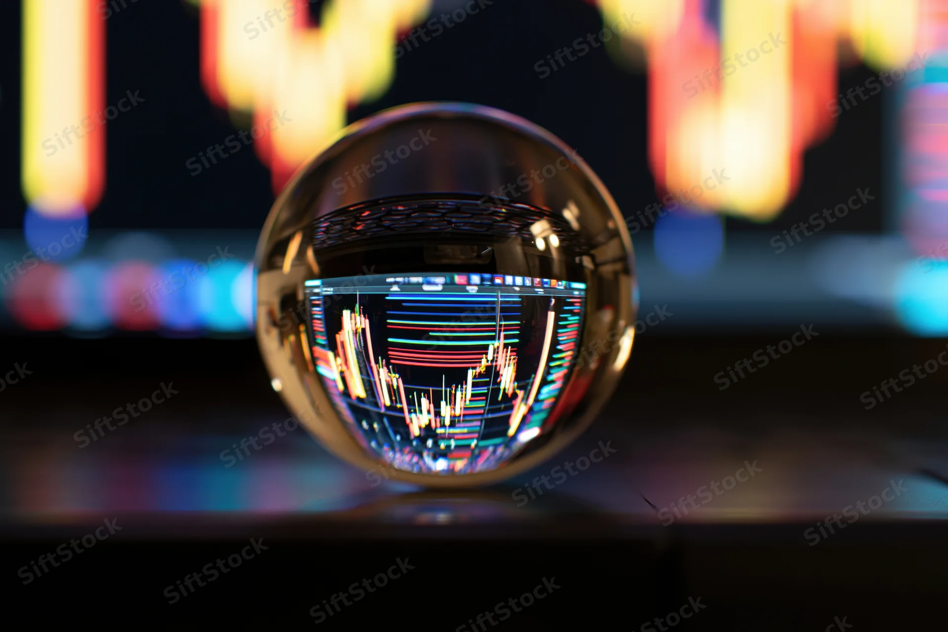 Crystal ball reflecting inverted financial chart on dark surface with colorful blurred lights in background