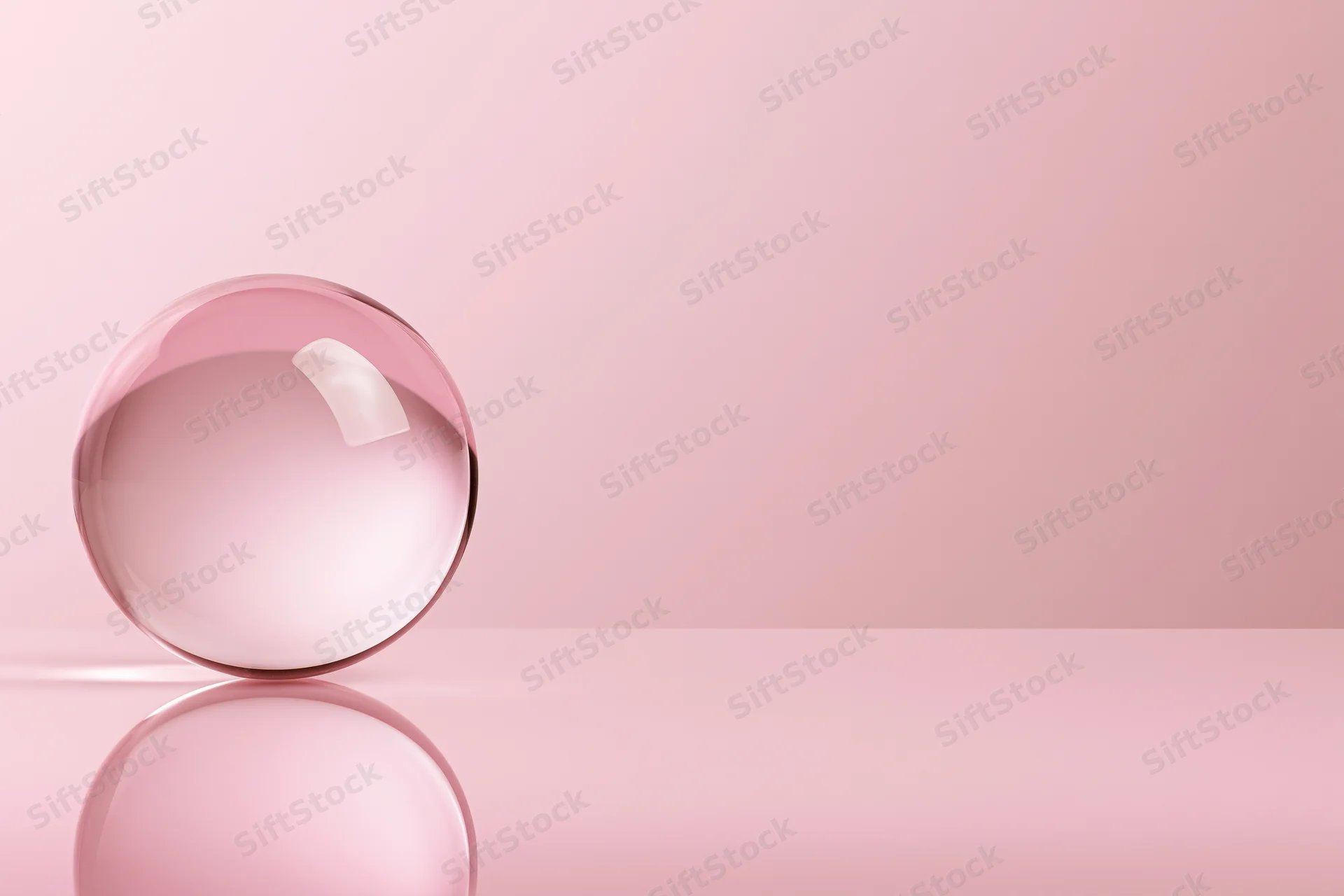 Clear glass crystal ball resting on glossy pink surface with reflection