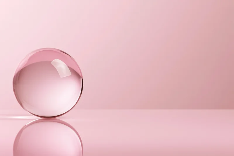 Clear glass crystal ball resting on glossy pink surface with reflection