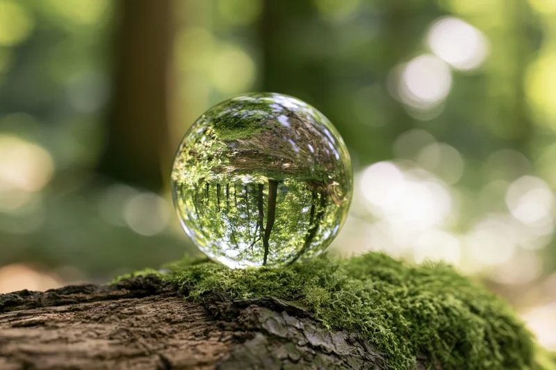 Crystal ball resting on a mossy log in a forest, reflecting trees and sunlight