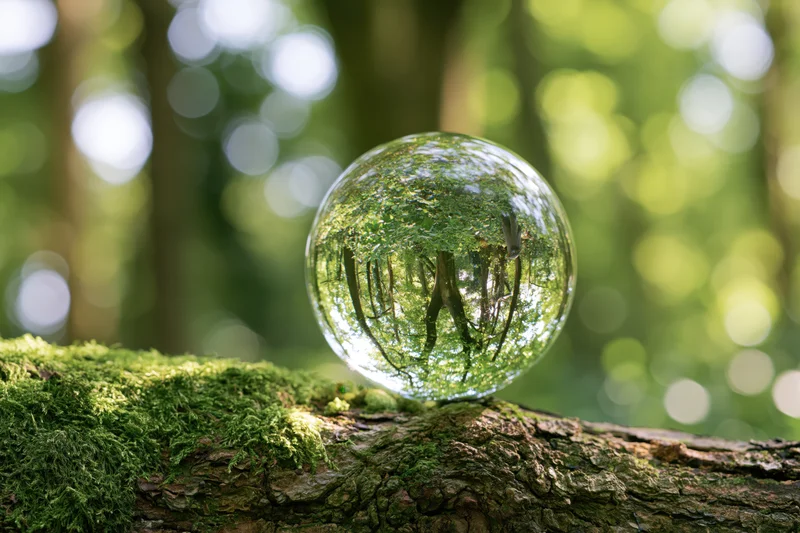 Clear glass crystal ball resting on mossy log in forest reflecting trees and sunlight