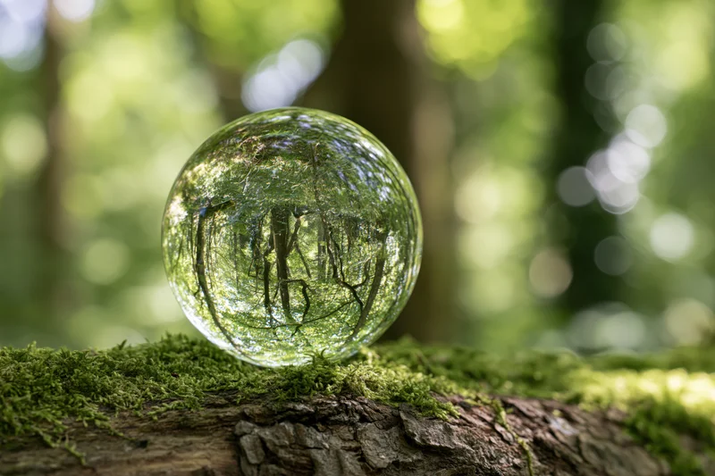 Crystal ball resting on a mossy log in a forest, reflecting trees and sunlight