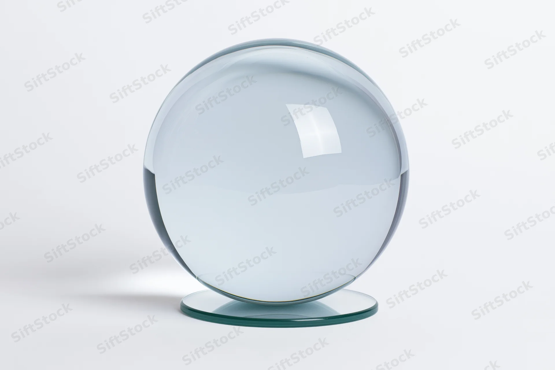 Clear glass crystal ball resting on a small circular glass base against a white background