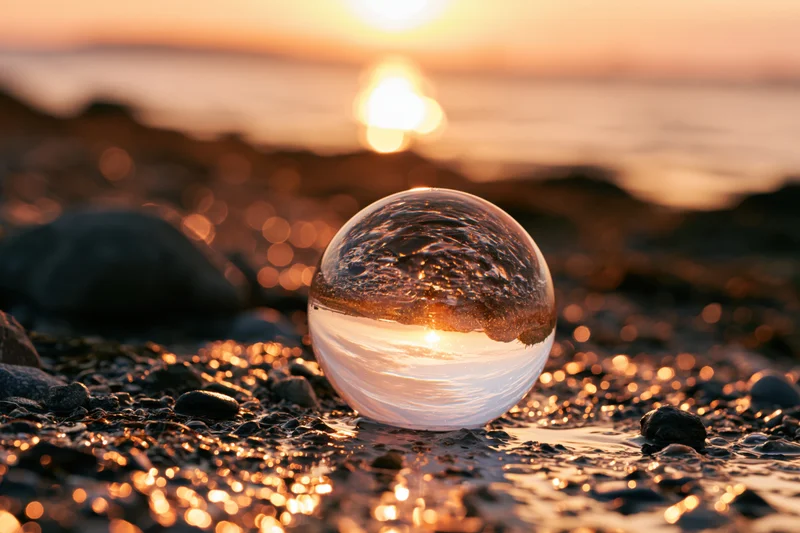 Crystal ball resting on wet pebble beach at sunset reflecting ocean and sky