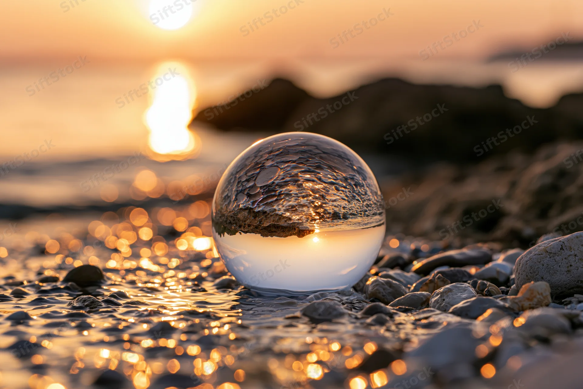 Crystal ball resting on wet pebbles at beach during sunset