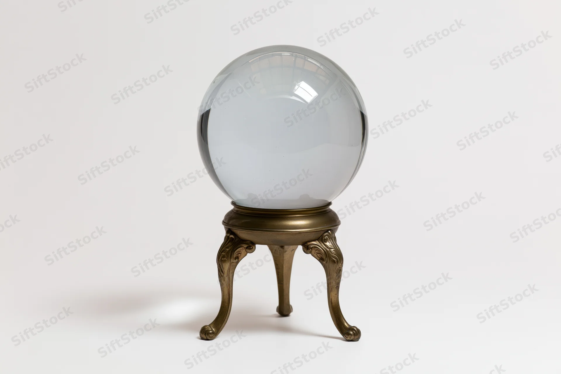 Clear glass crystal ball on ornate brass stand against white background