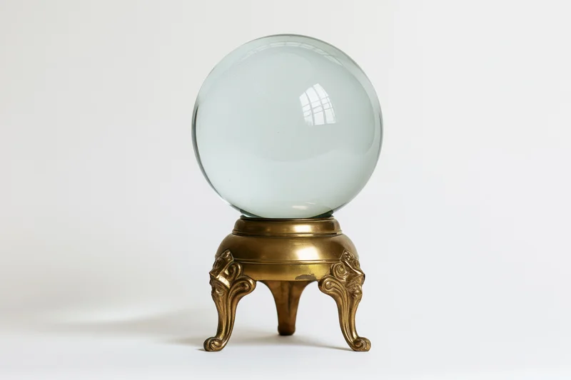 Clear glass crystal ball on ornate brass stand against white background
