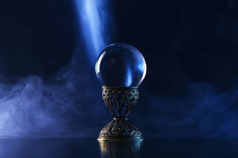 Crystal ball on ornate brass stand with blue light and smoke
