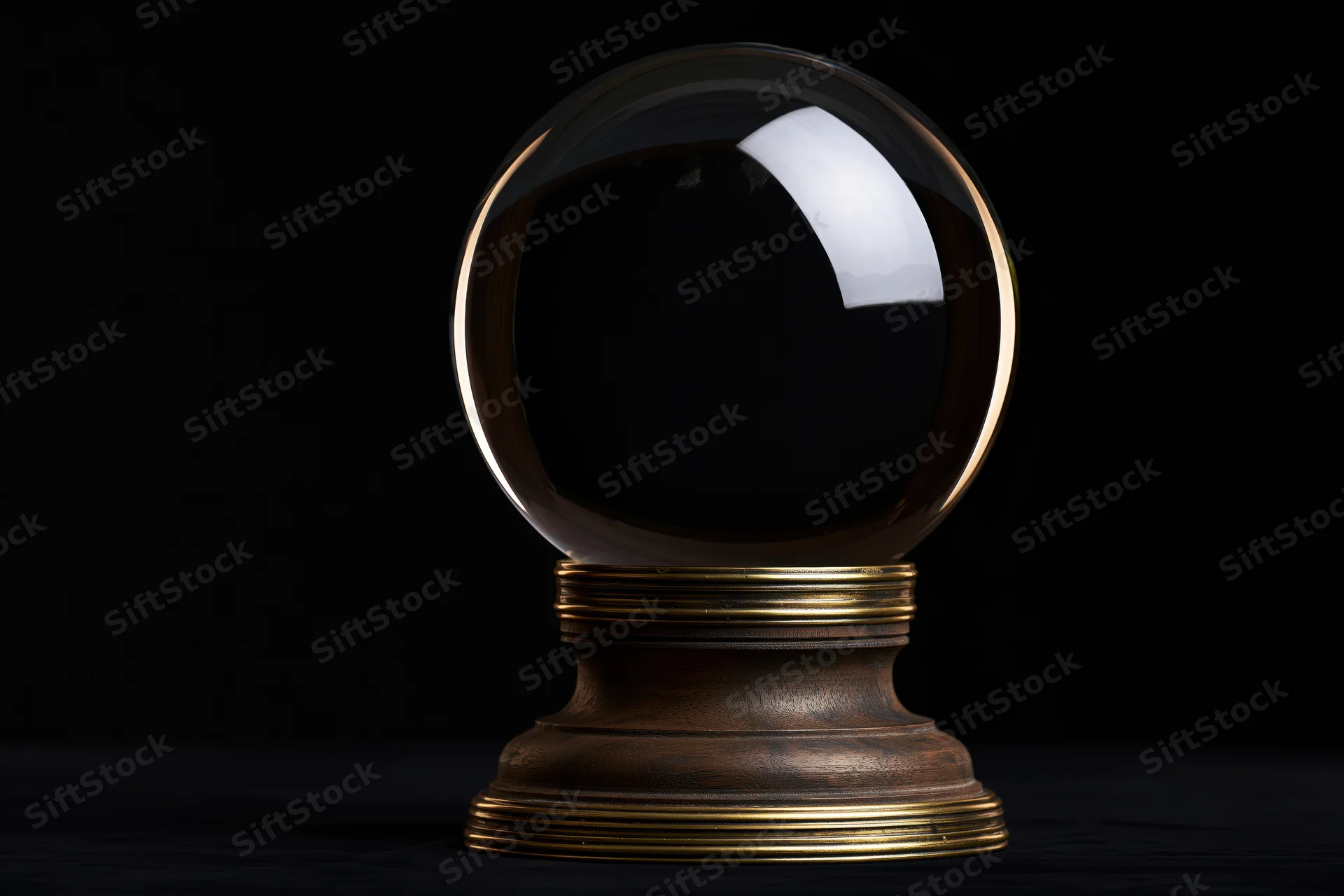 Clear glass crystal ball on ornate wooden base with brass accents against black background