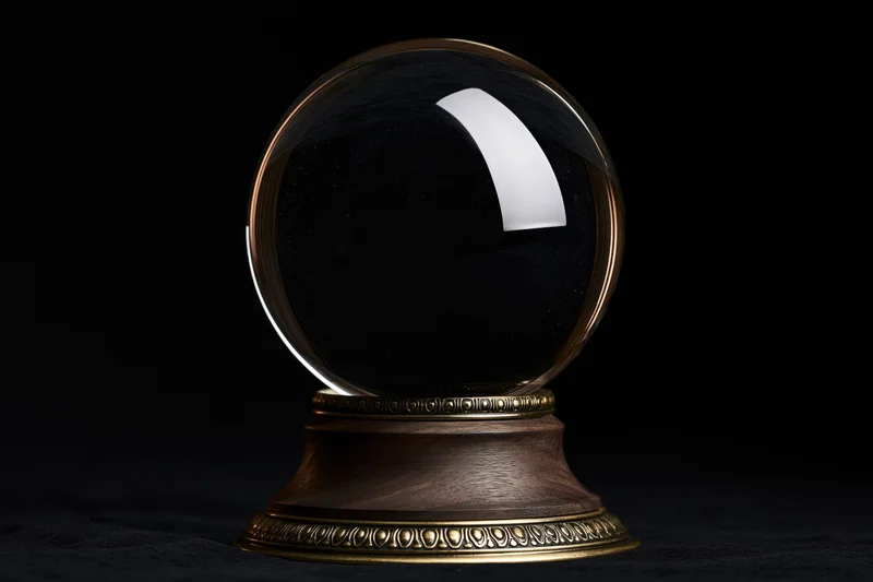 Clear glass crystal ball on ornate wooden base against black background