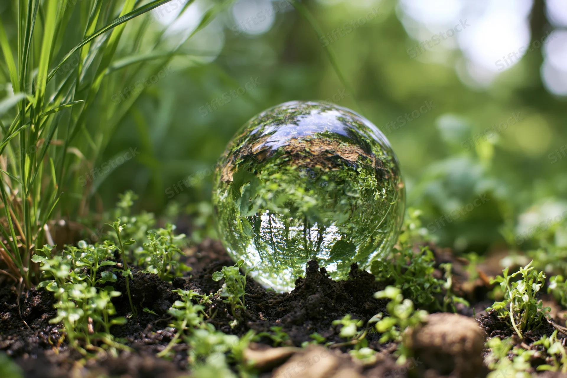 Clear glass crystal ball resting on dark forest soil surrounded by green plants and grass