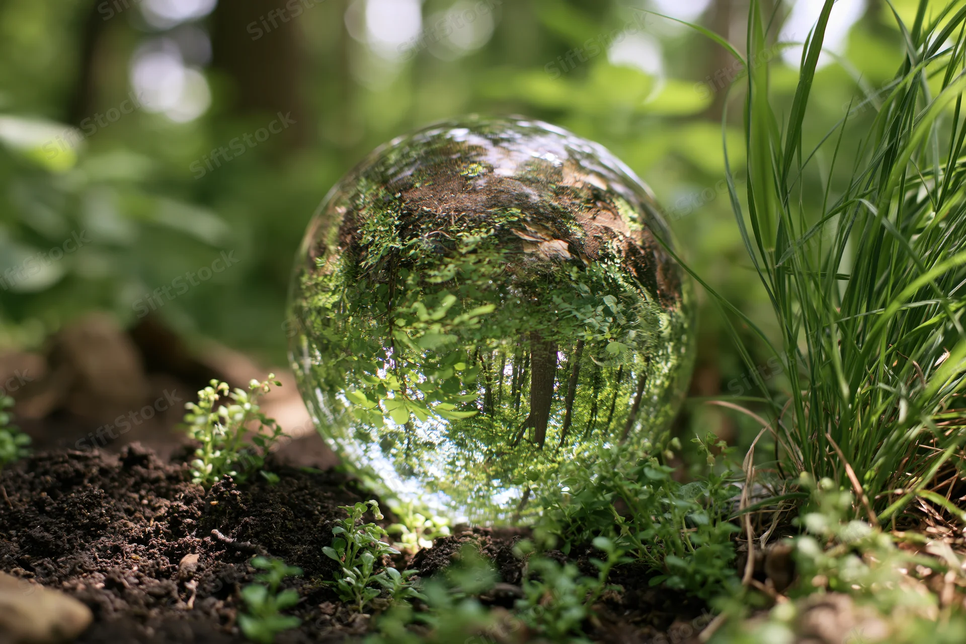 Clear glass crystal ball resting on dark forest floor soil surrounded by green plants and grass