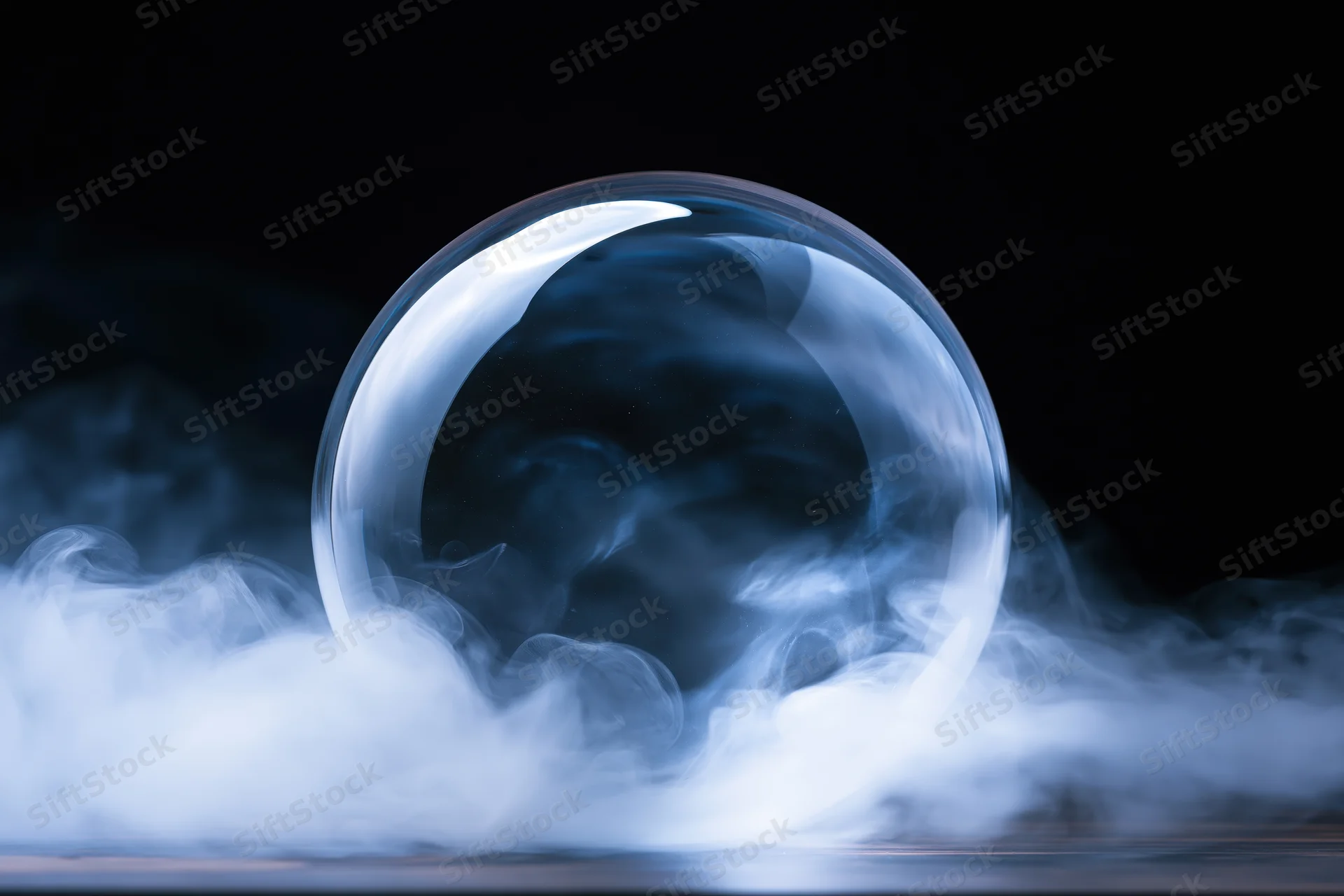 A clear glass crystal ball resting on a surface surrounded by swirling blue smoke against a dark background