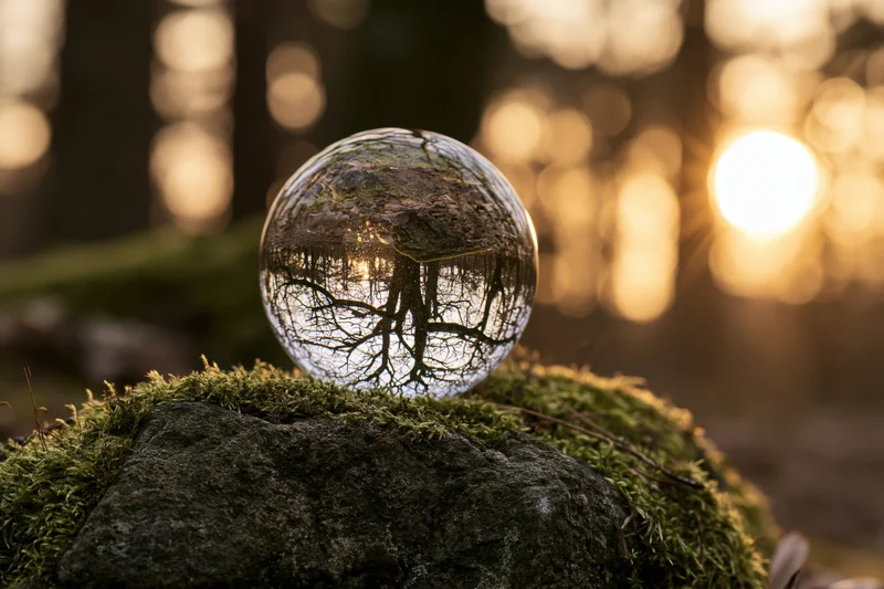 Clear glass lens ball resting on moss-covered rock in forest reflecting trees and sunlight