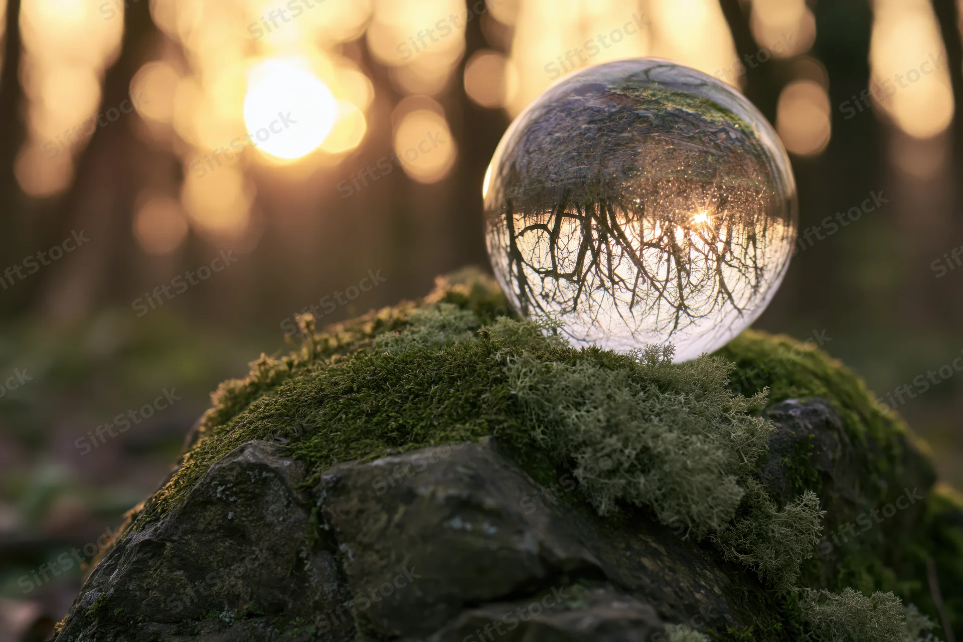Clear glass lens ball resting on moss-covered rock in forest at golden hour