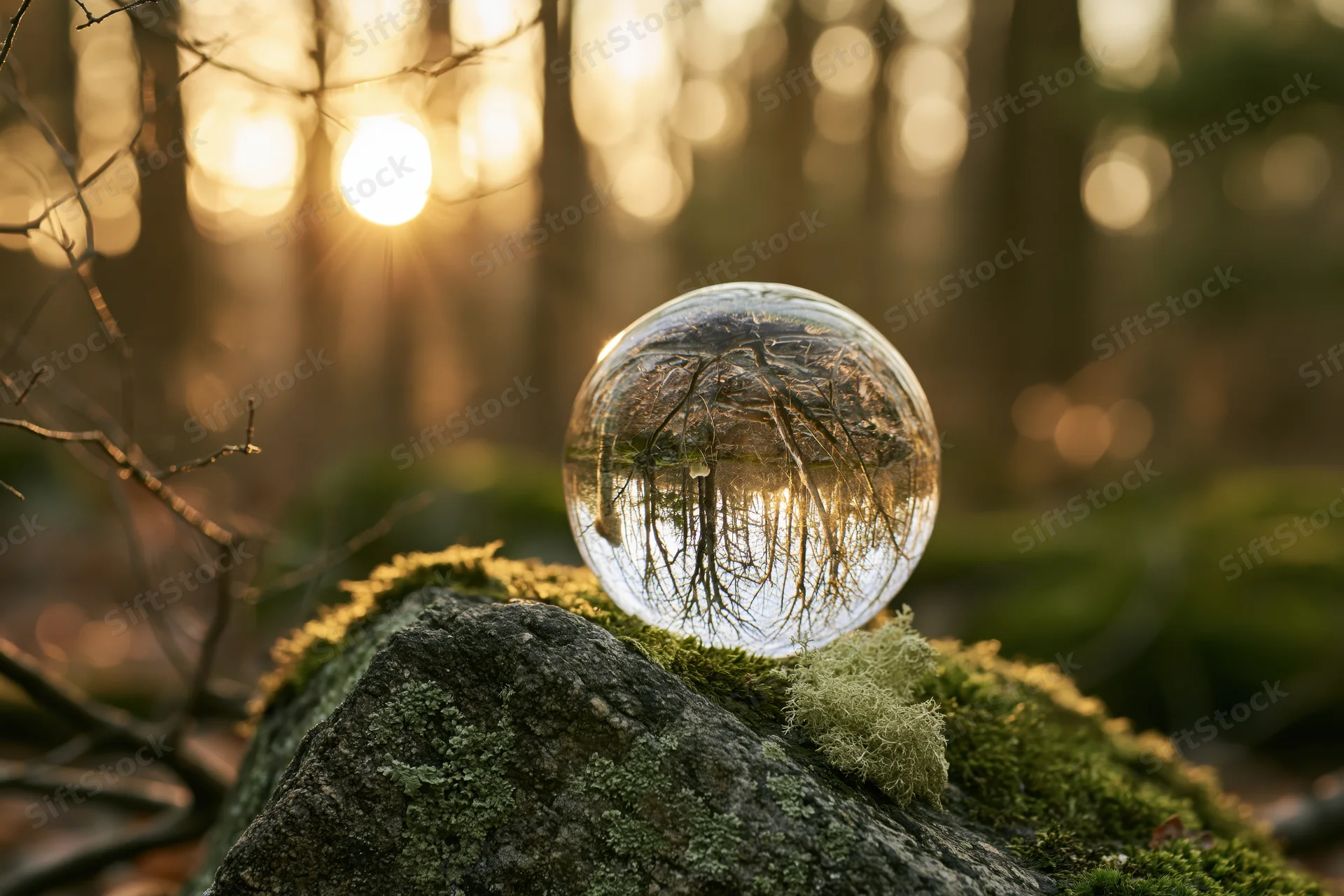 Clear glass lens ball resting on moss-covered rock in forest at golden hour